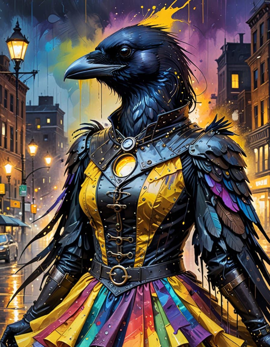 Steampunk Raven in Rainbow Dress, Night City Oil Painting