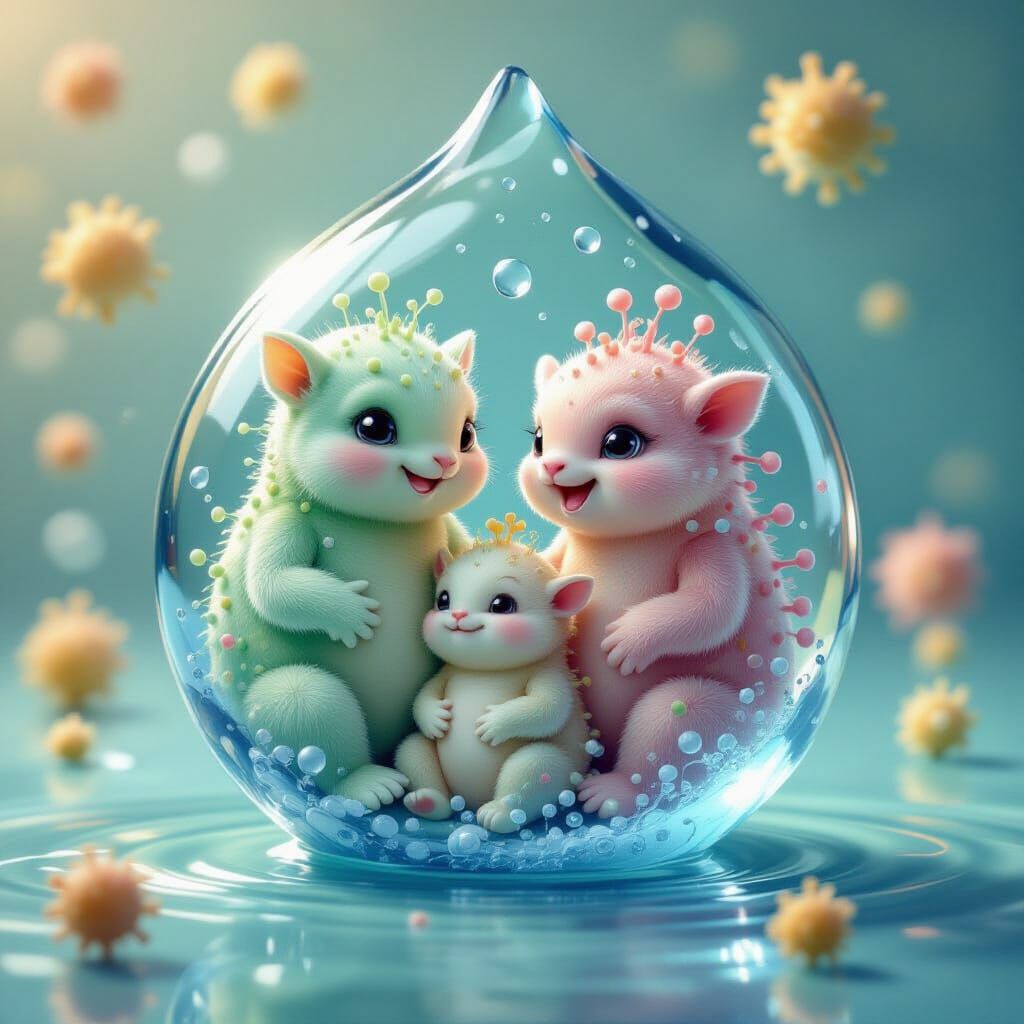 Whimsical Microbe Family Portrait in Water Droplet
