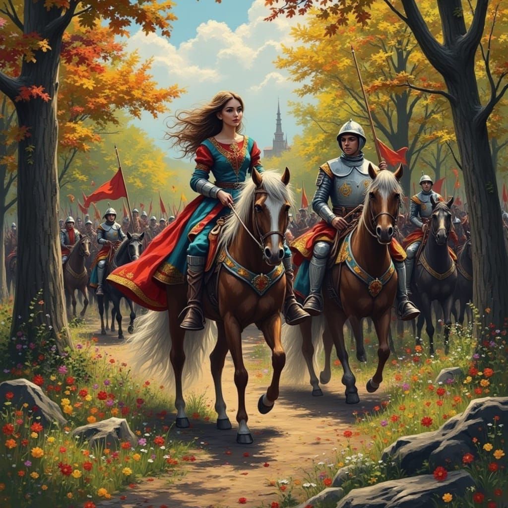 Female Knight Leads Army Through Vibrant Forest