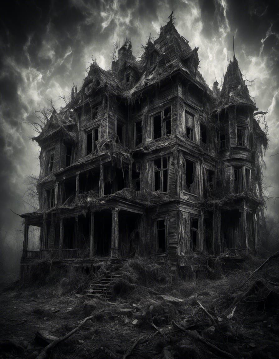 Spectral Haunted House in Desolate Greyscale Landscape