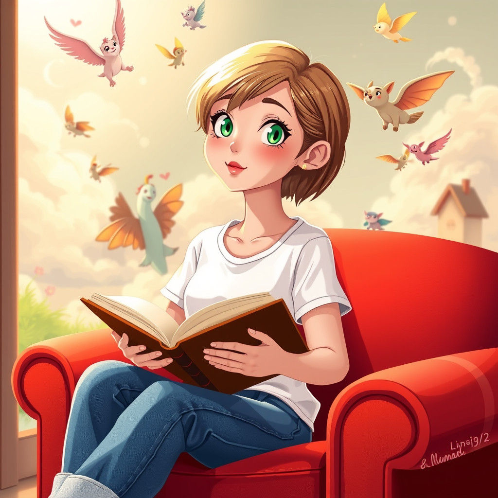 Chibi Woman on Red Couch in Whimsical 3D Render