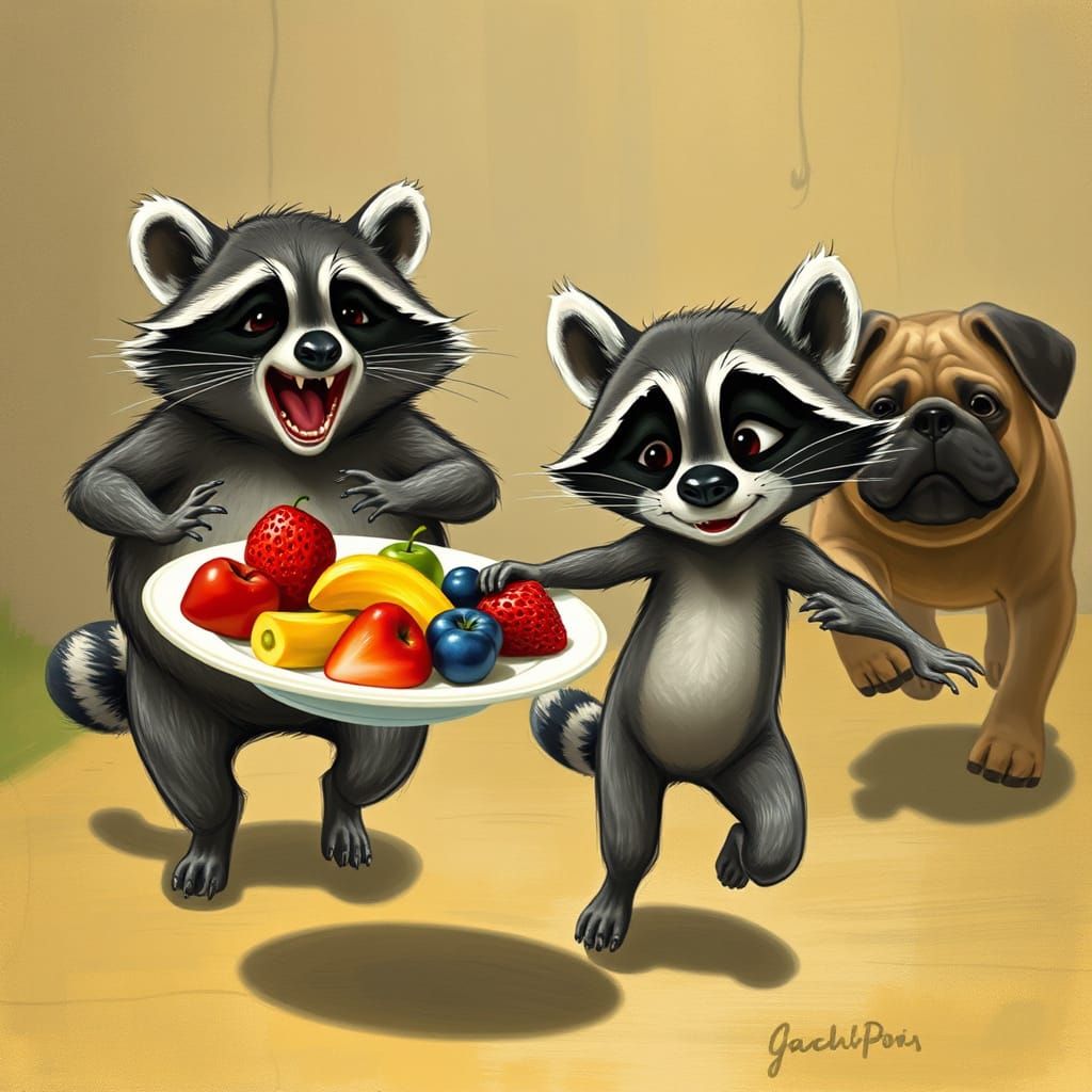 Raccoons Fleeing Pug with Fruit, Potter Style