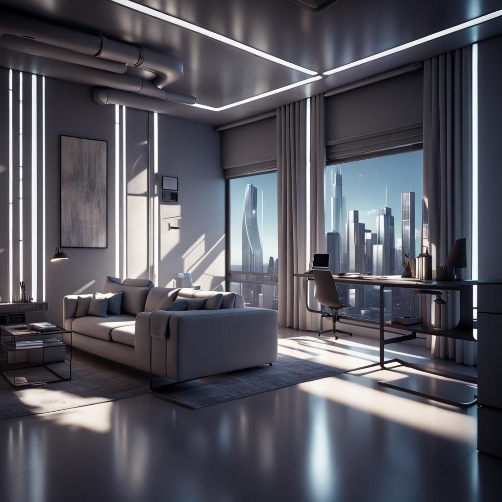 Cyberpunk Apartment Interior with Geometric Furniture