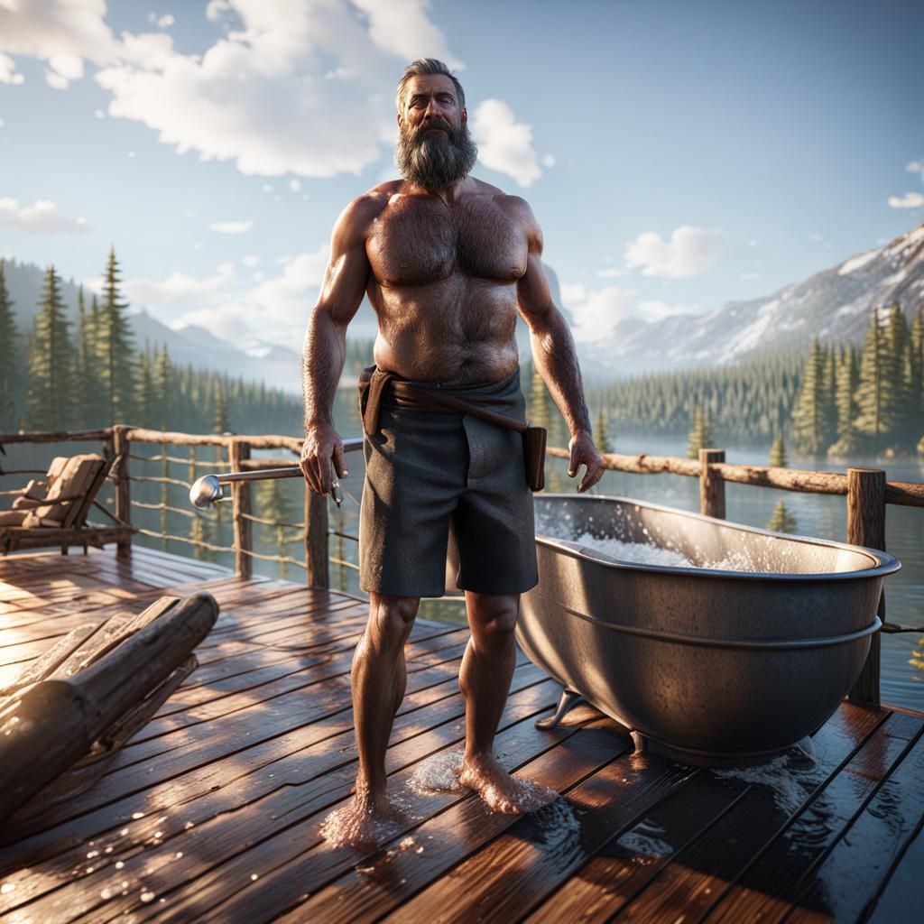 Bearded Man in Tin Bath: 3D Cinematic Graphics