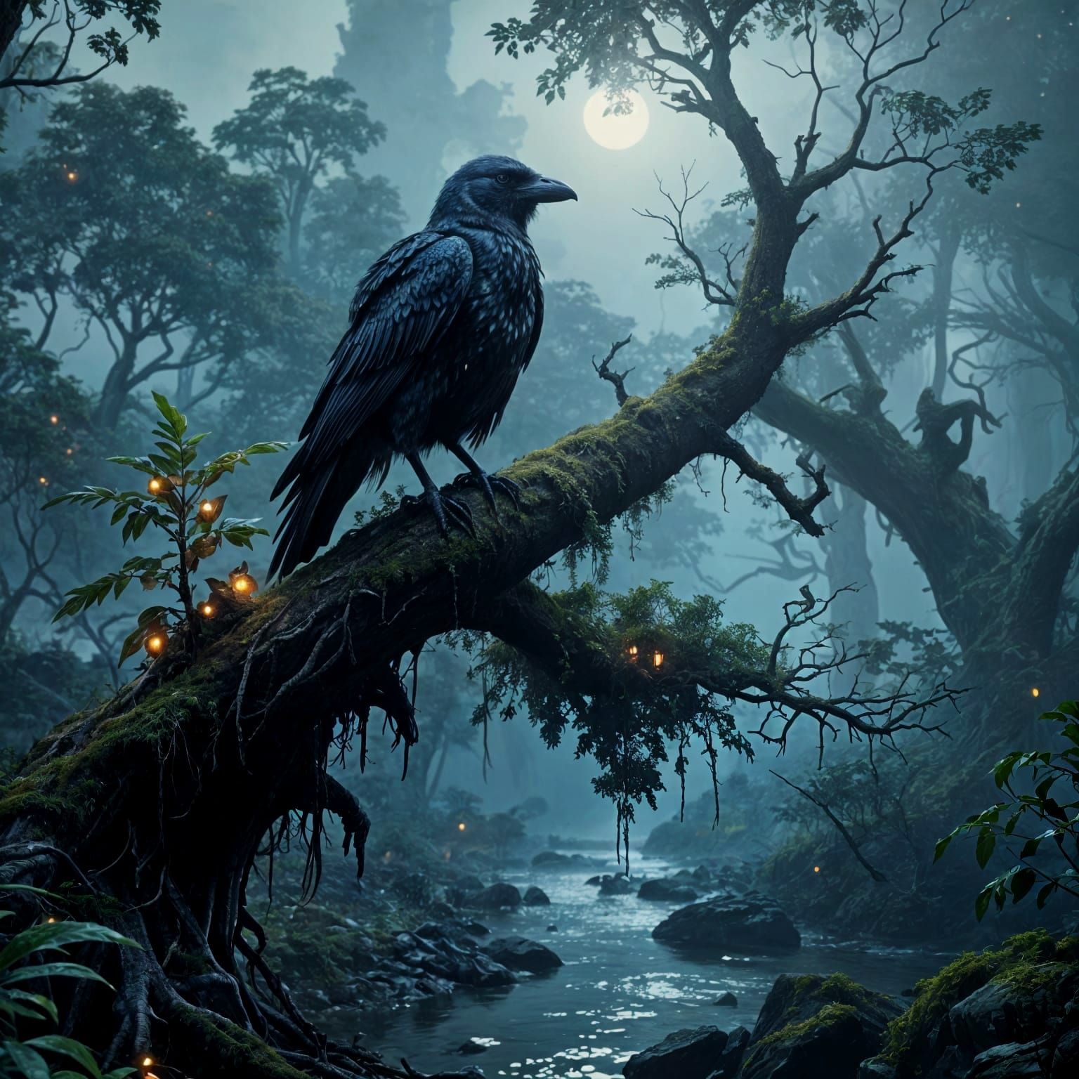 Bioluminescent River Valley with Prehistoric Bird