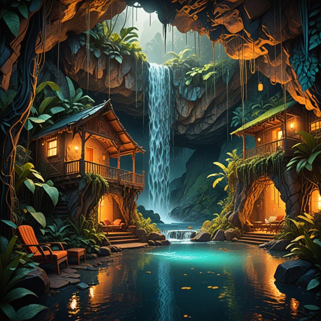 Waterfall Cave House in Synthwave Style