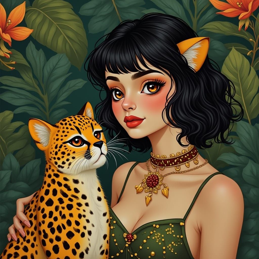 Elegant Woman with Cheetah Fur Hair and Amber Eyes