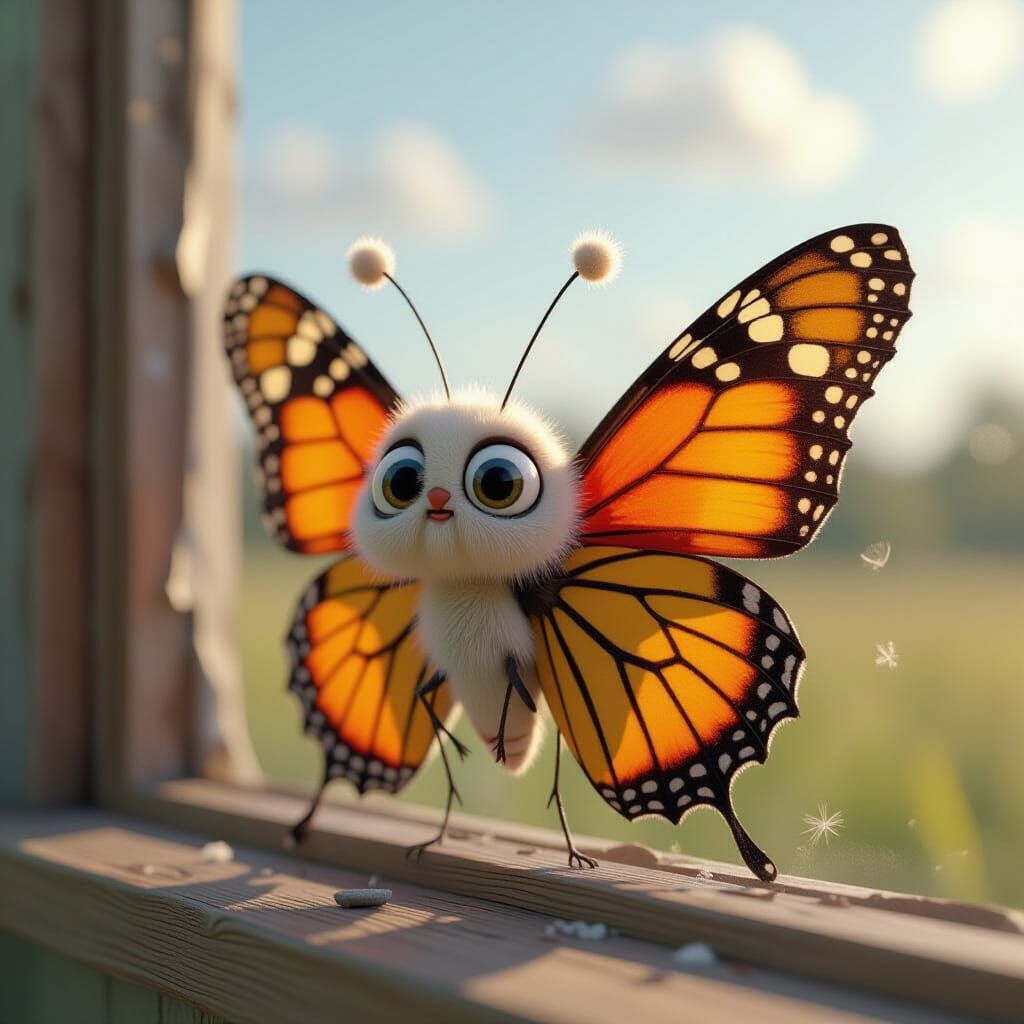 Confused Butterfly Against Glass, in Cute CGI Style