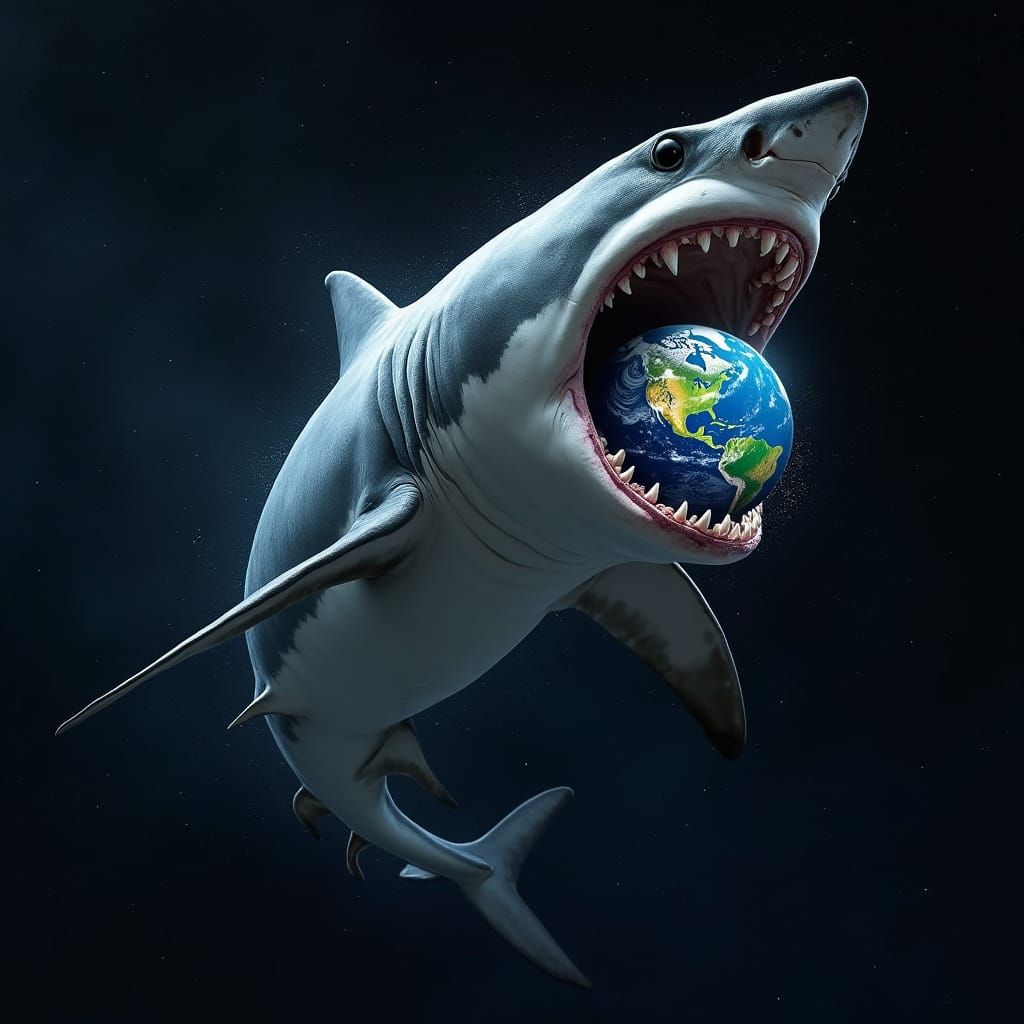 Great White Shark Devours Earth in Cosmic Surrealism