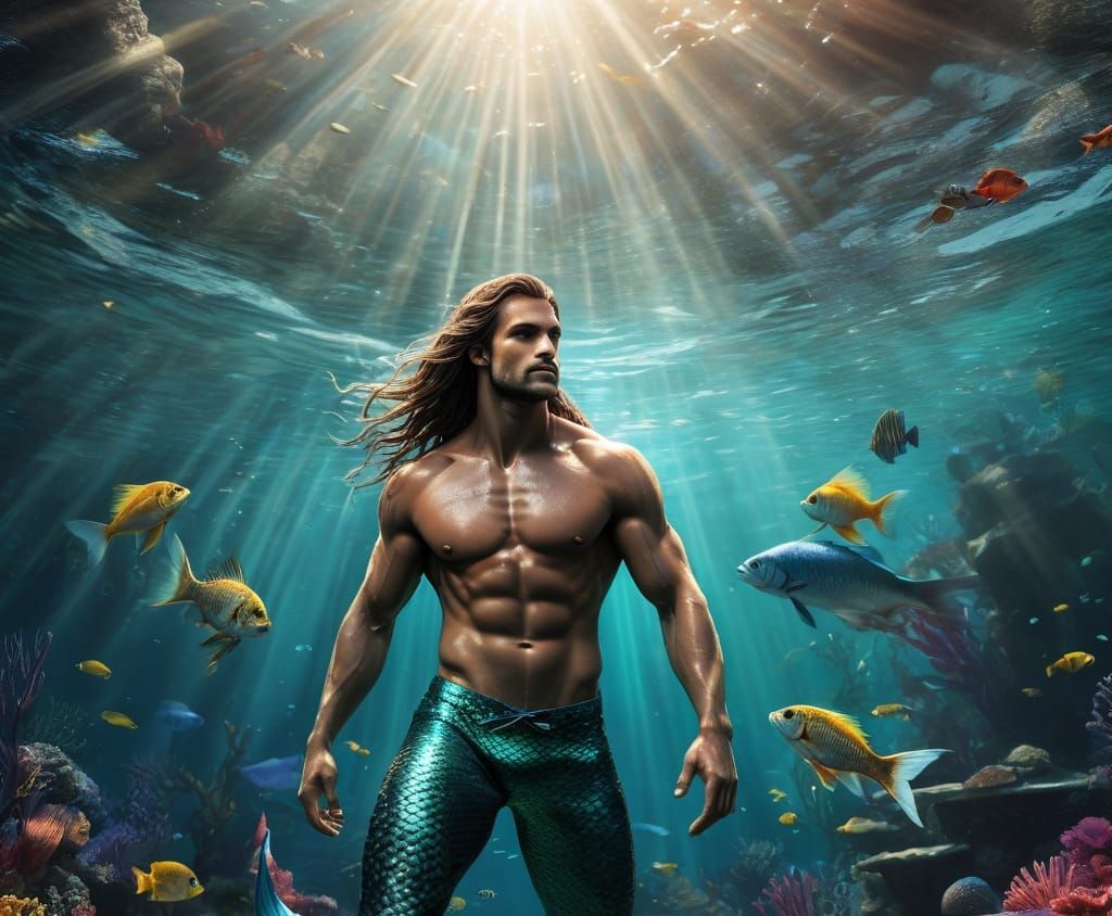 Realistic Underwater Merman in Vibrant Aquatic Scene