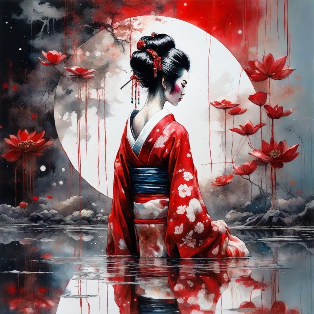 Geisha in Mirrored Reflection: Dark Fantasy Graffiti Art