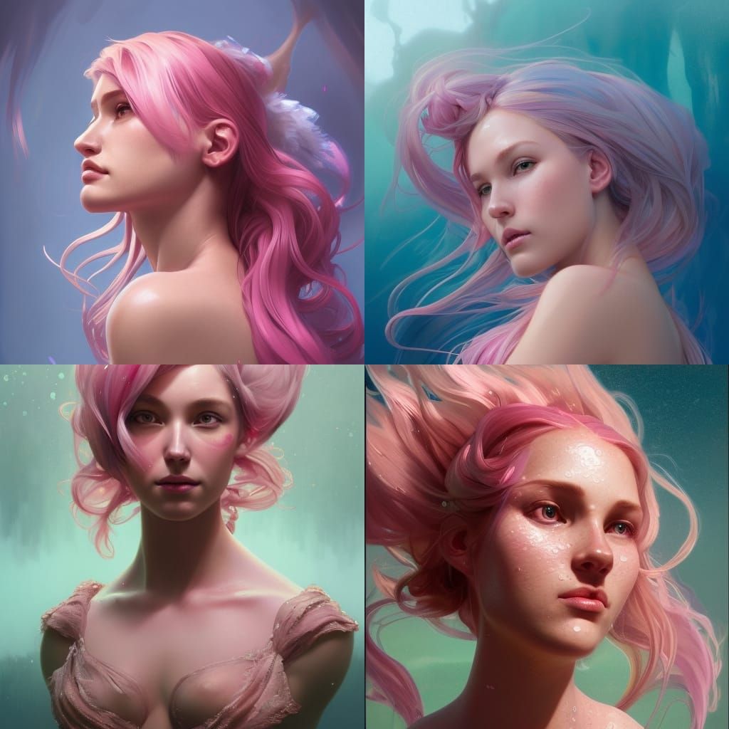 Pink Mermaid Portrait in Hyperdetailed Splash Art Style