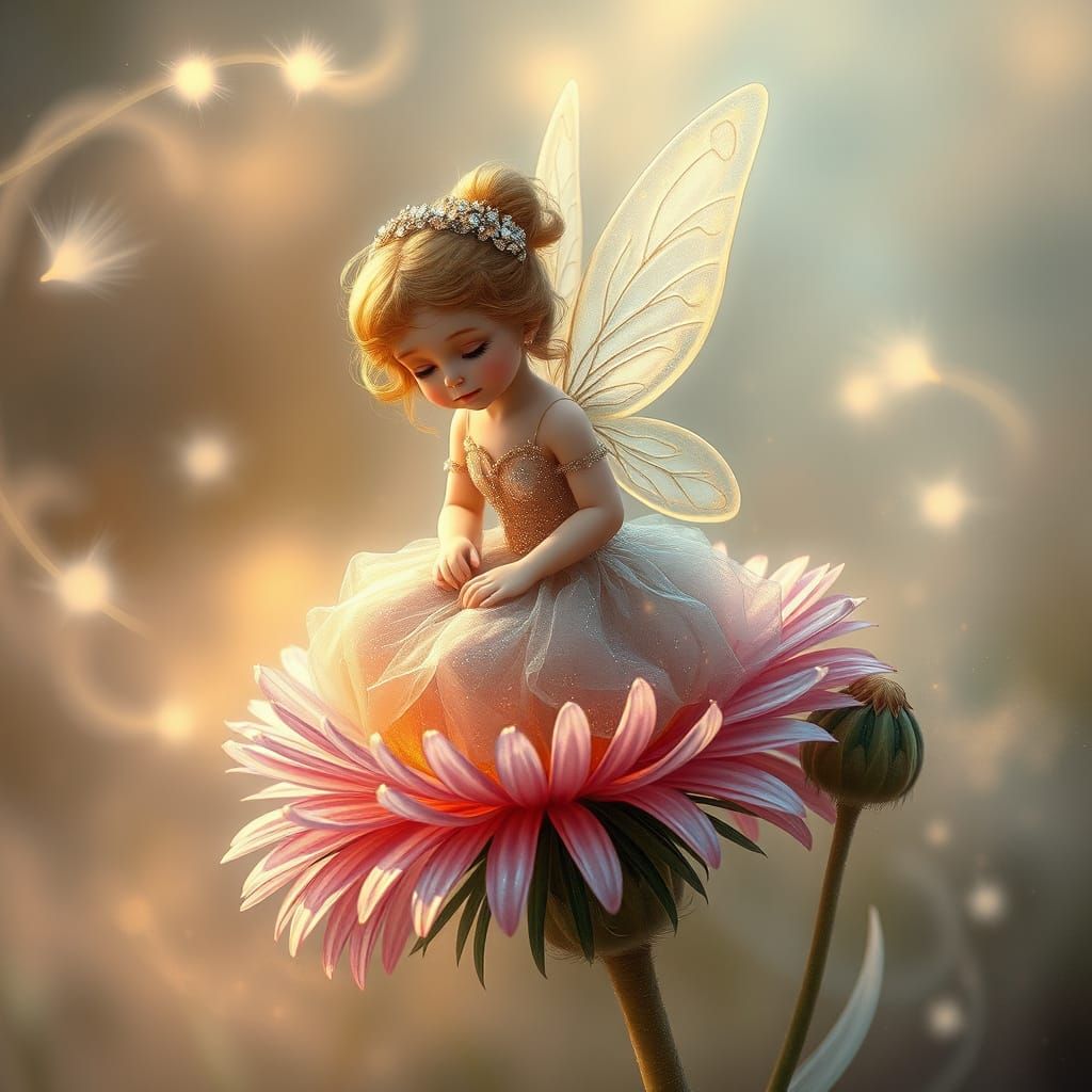 Little fairy sitting on a dandelion flower