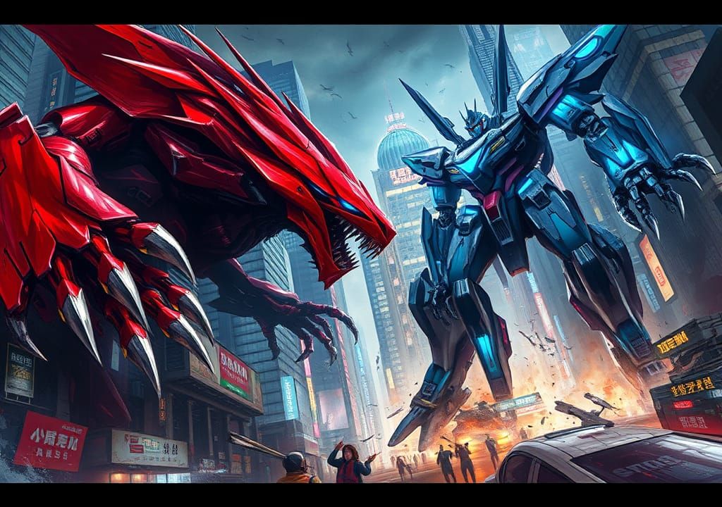 Mechas Clash in Neon Metropolis: Sci-Fi Battle