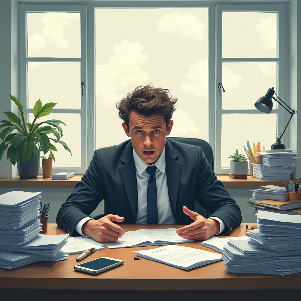Overwhelmed Professional at Desk in Digital Painting Style