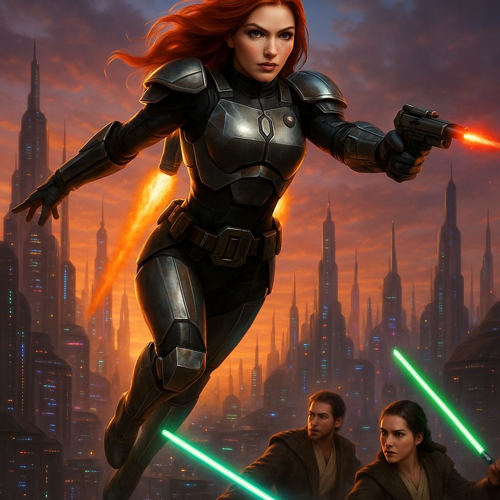 Mandalorian Woman Soaring Over Coruscant