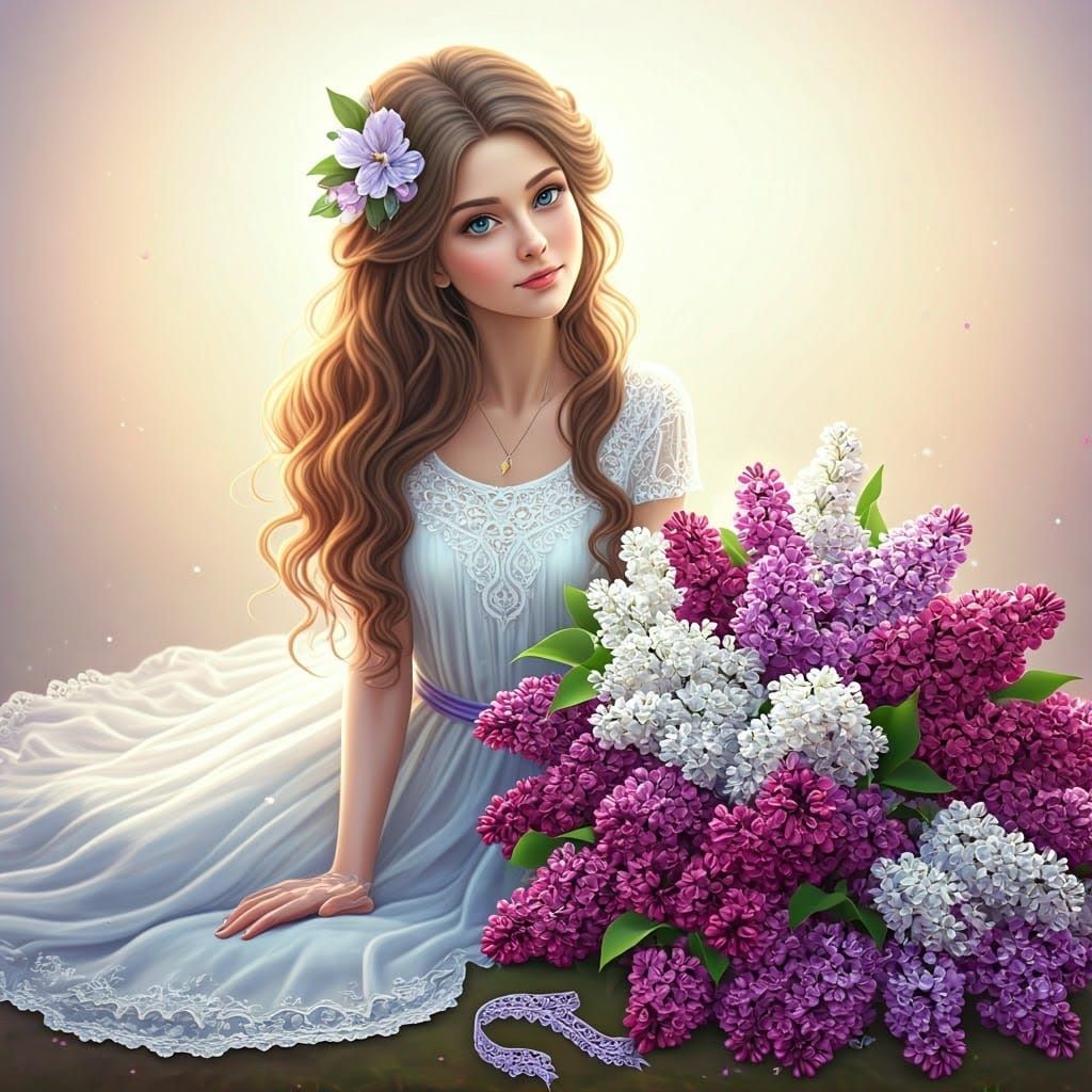 Elegant Lady in Spring Whimsy, in 3D Digital Watercolor Styl...