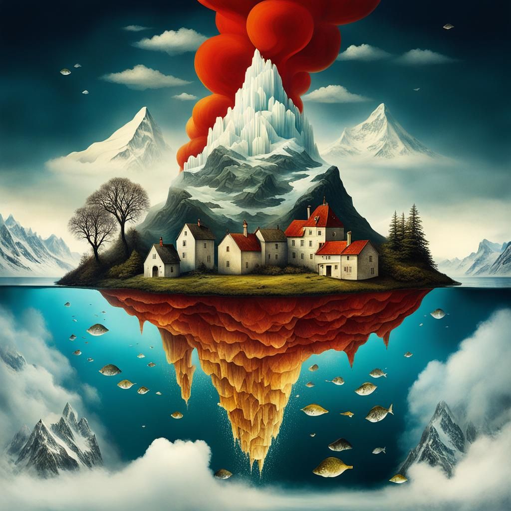 Surreal Iceberg Volcano Double Exposure