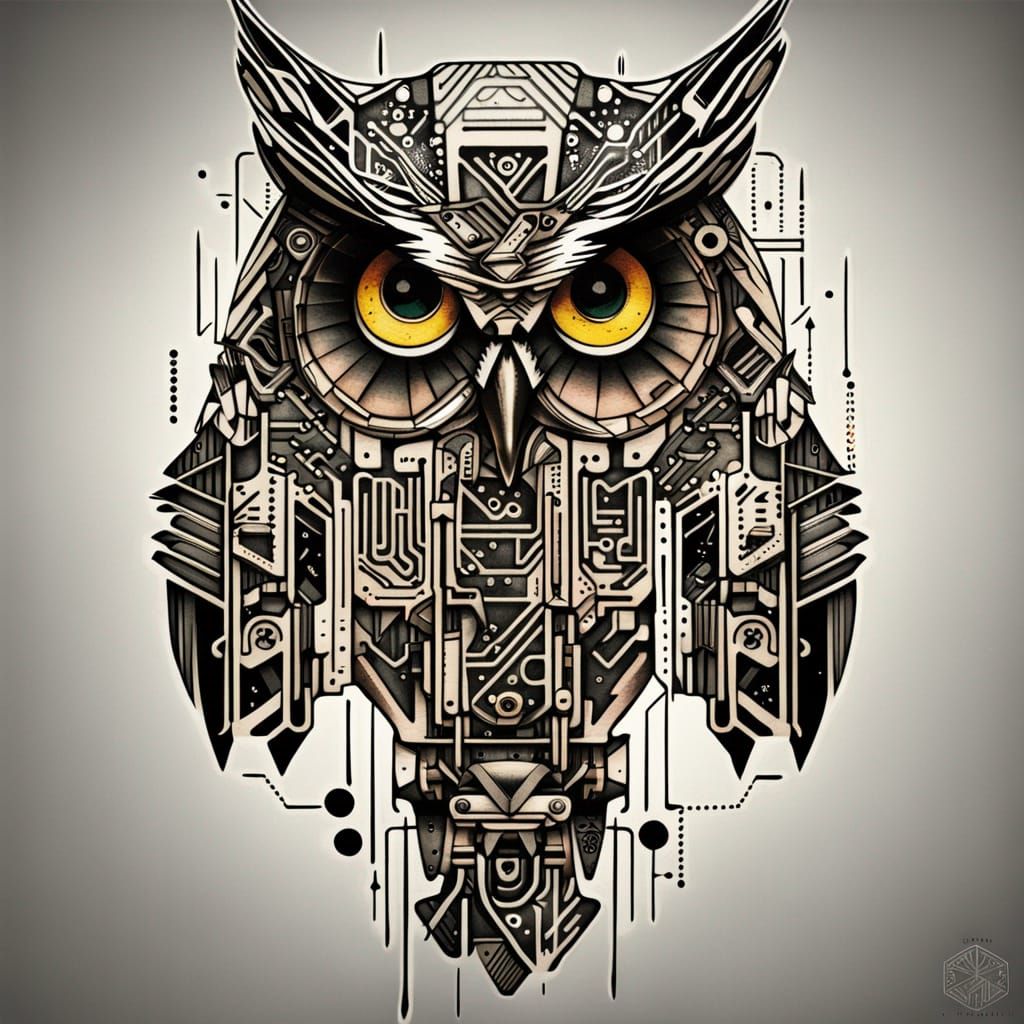 Geometric Circuit Board Owl Tattoo Design