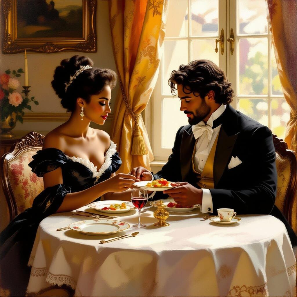 Regal Couple Enjoying Romantic Dinner in Oil Painting Style