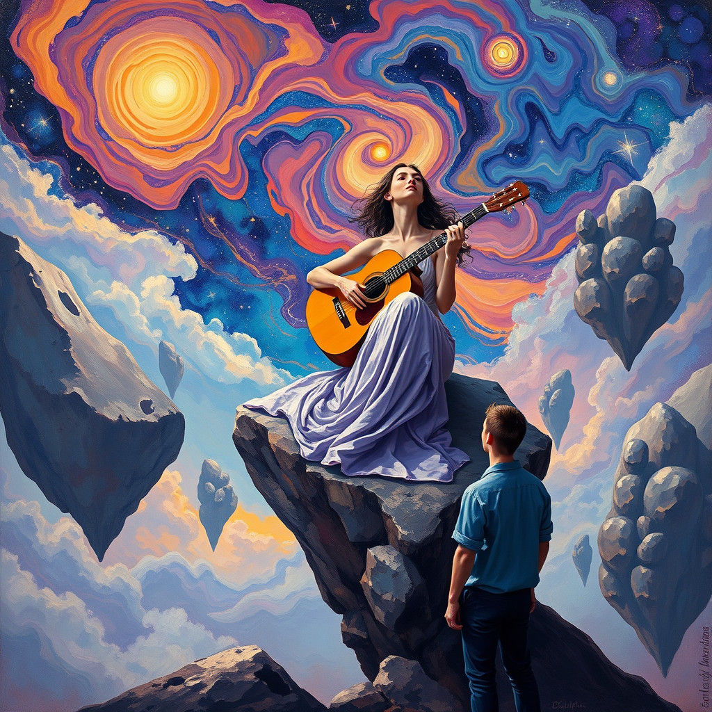 Dreamlike Guitarist in a Floating Landscape