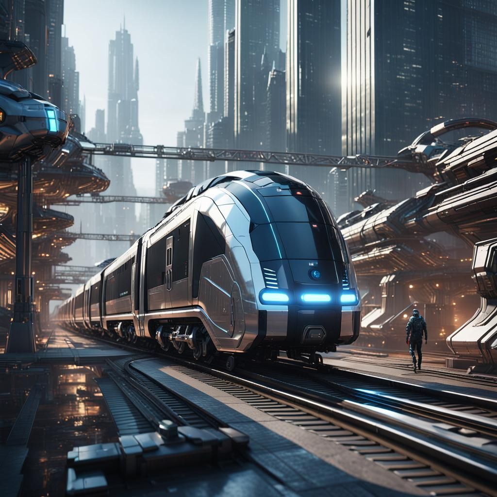 Futuristic Train Arriving in a Sci-Fi City