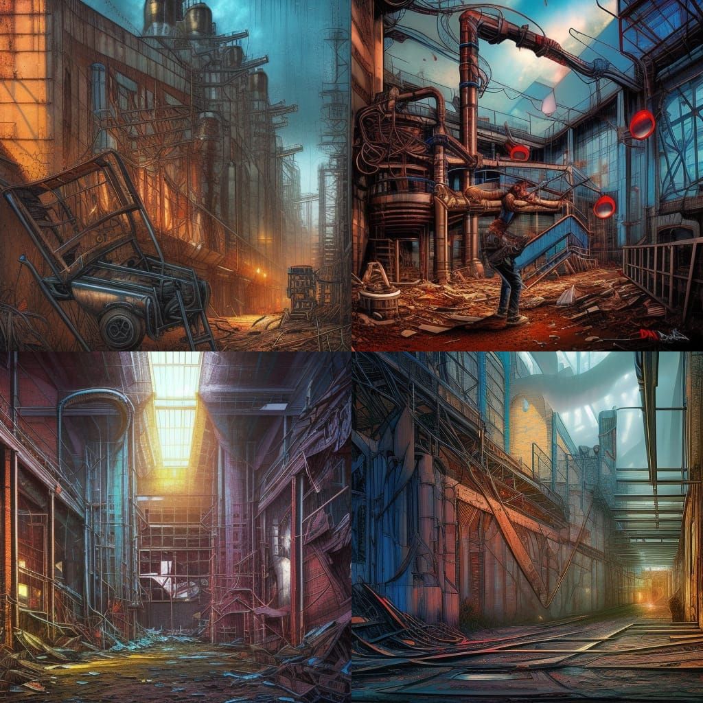 Abandoned Factory in Comic Book Art Style