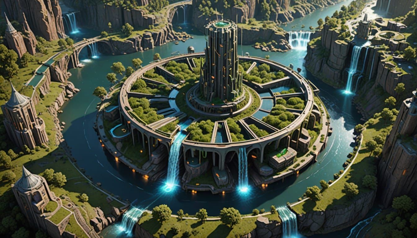 Futuristic City Aerial View: Sun Wheel Layout, Glowing Hub