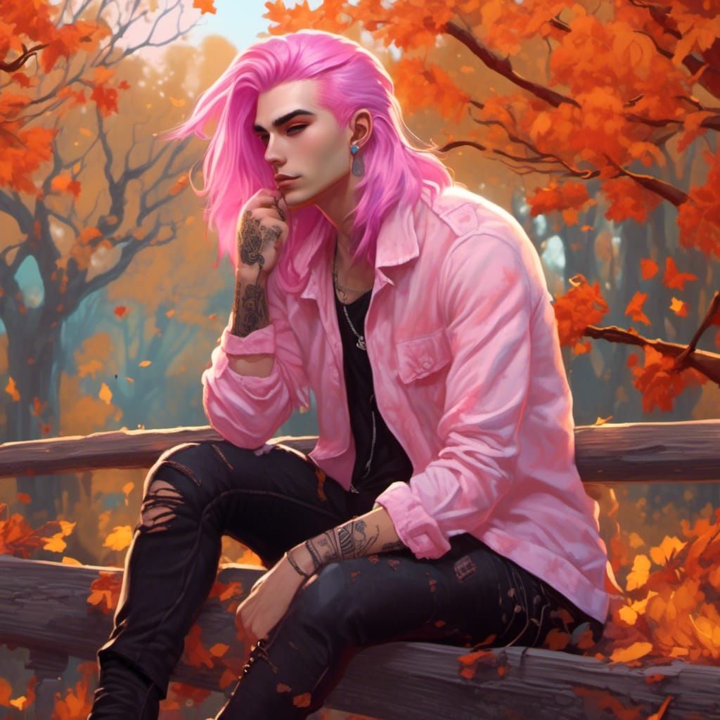 Pastel Goth Man on Fence in Autumn