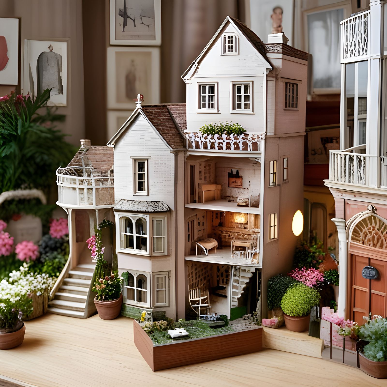 Miniature English Castle Town: Intricate Dollhouse Rooms