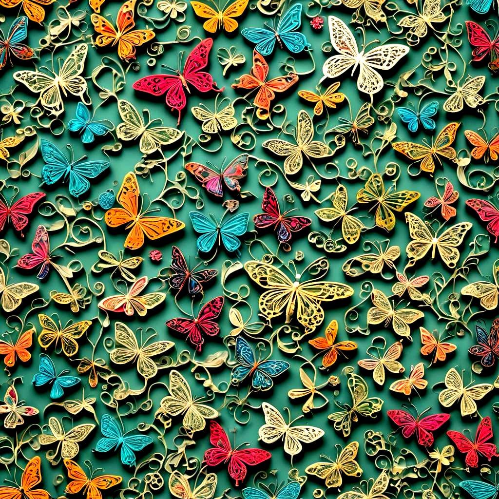 Filigree Background with Colorful Butterflies and Dragonflie...