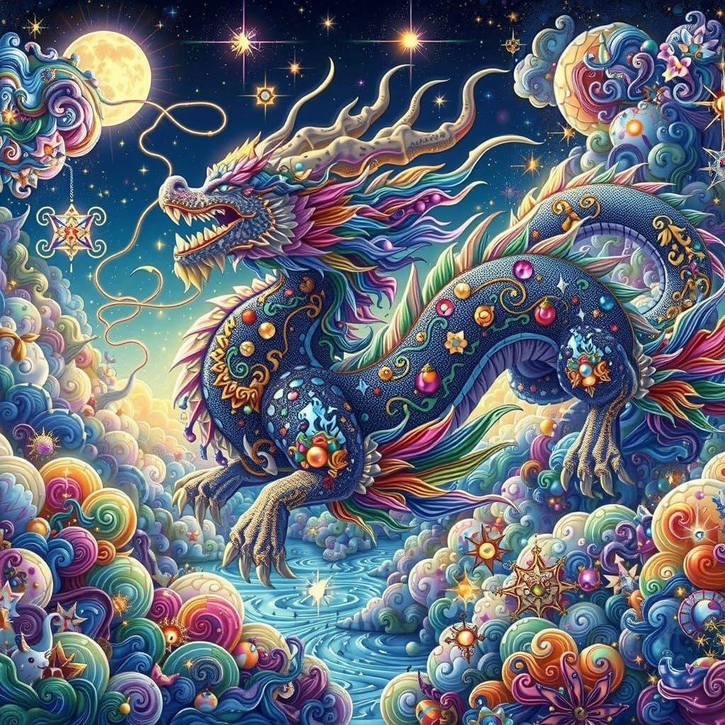 Opalescent Gemstone Dragon Soars Through Cosmic Sky