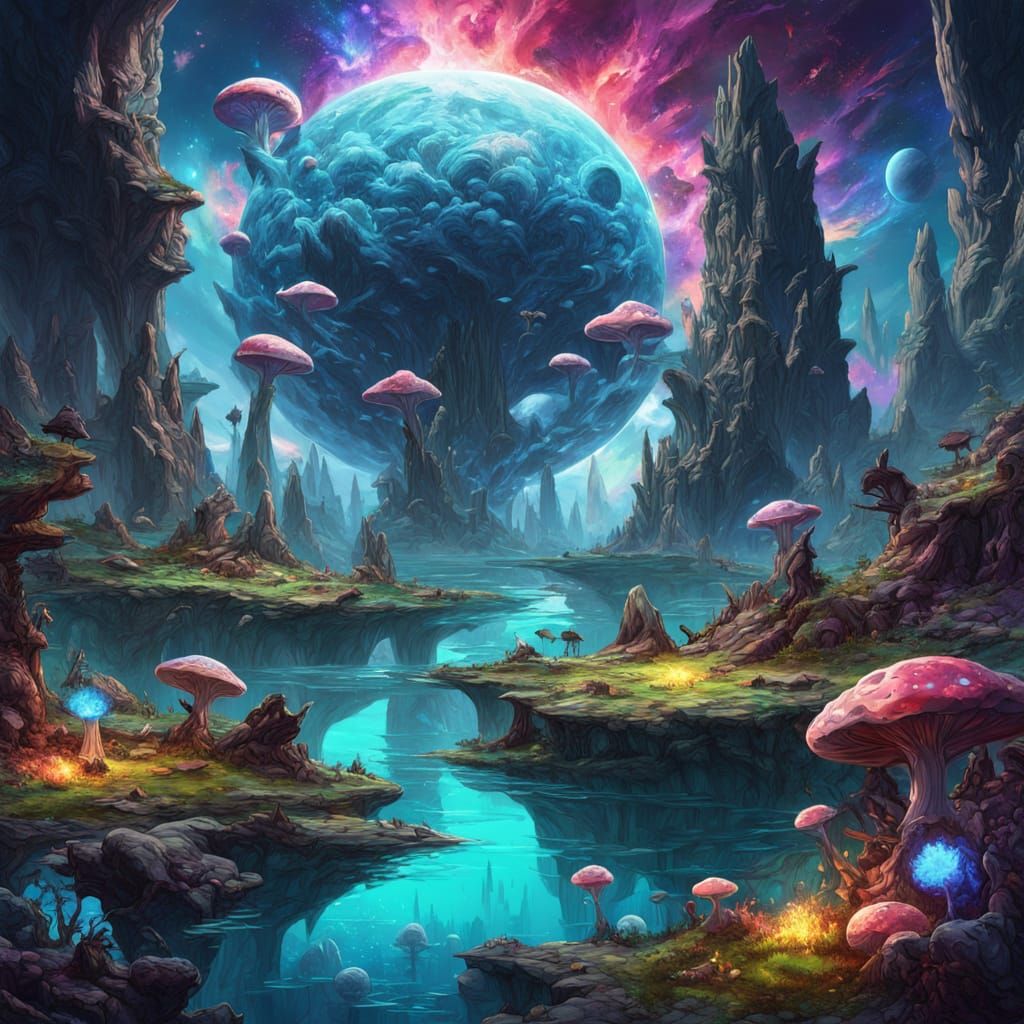 Surreal Alien Planet with Floating Rocks and Neon Skies