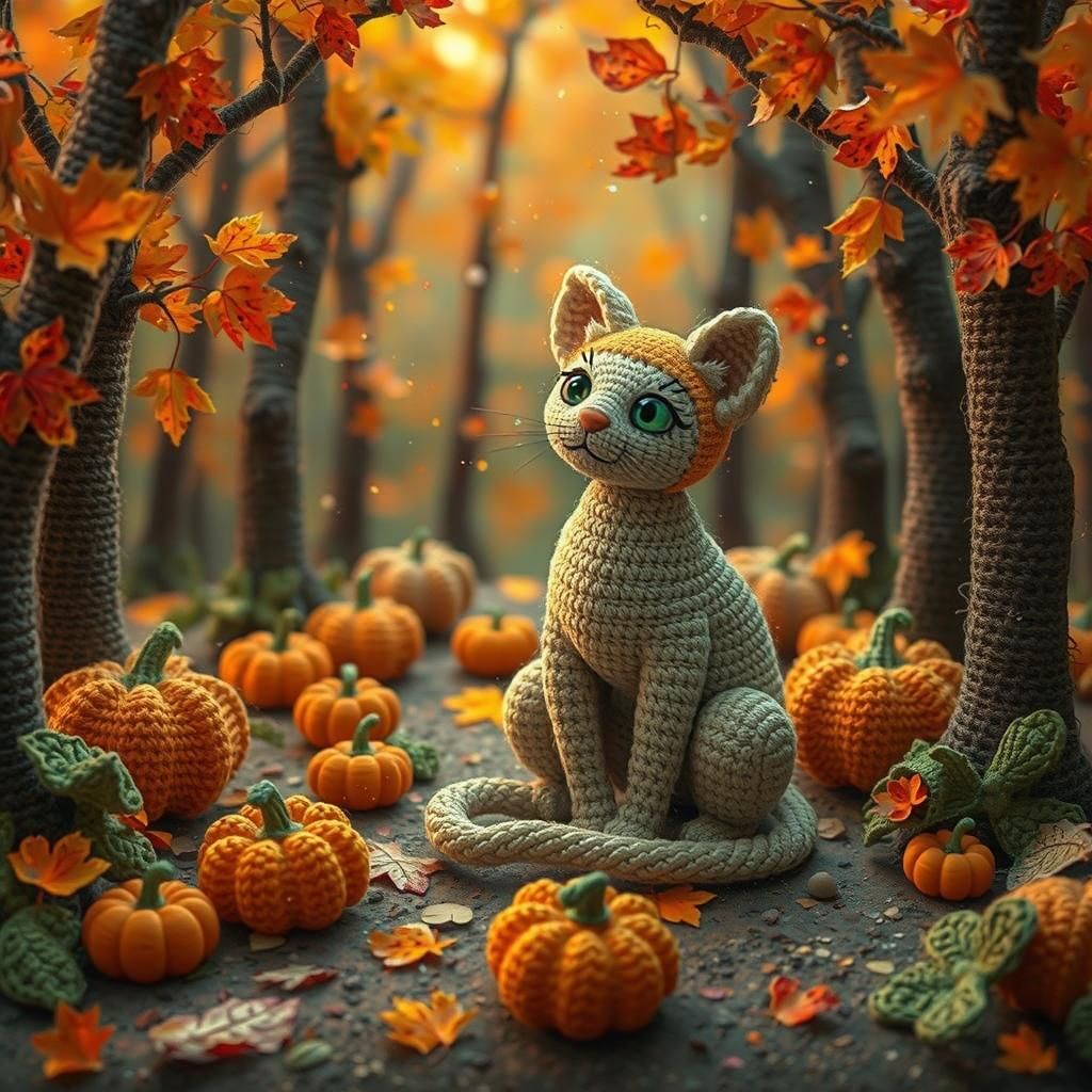 Crocheted Cat in Fall Forest: Digital Art