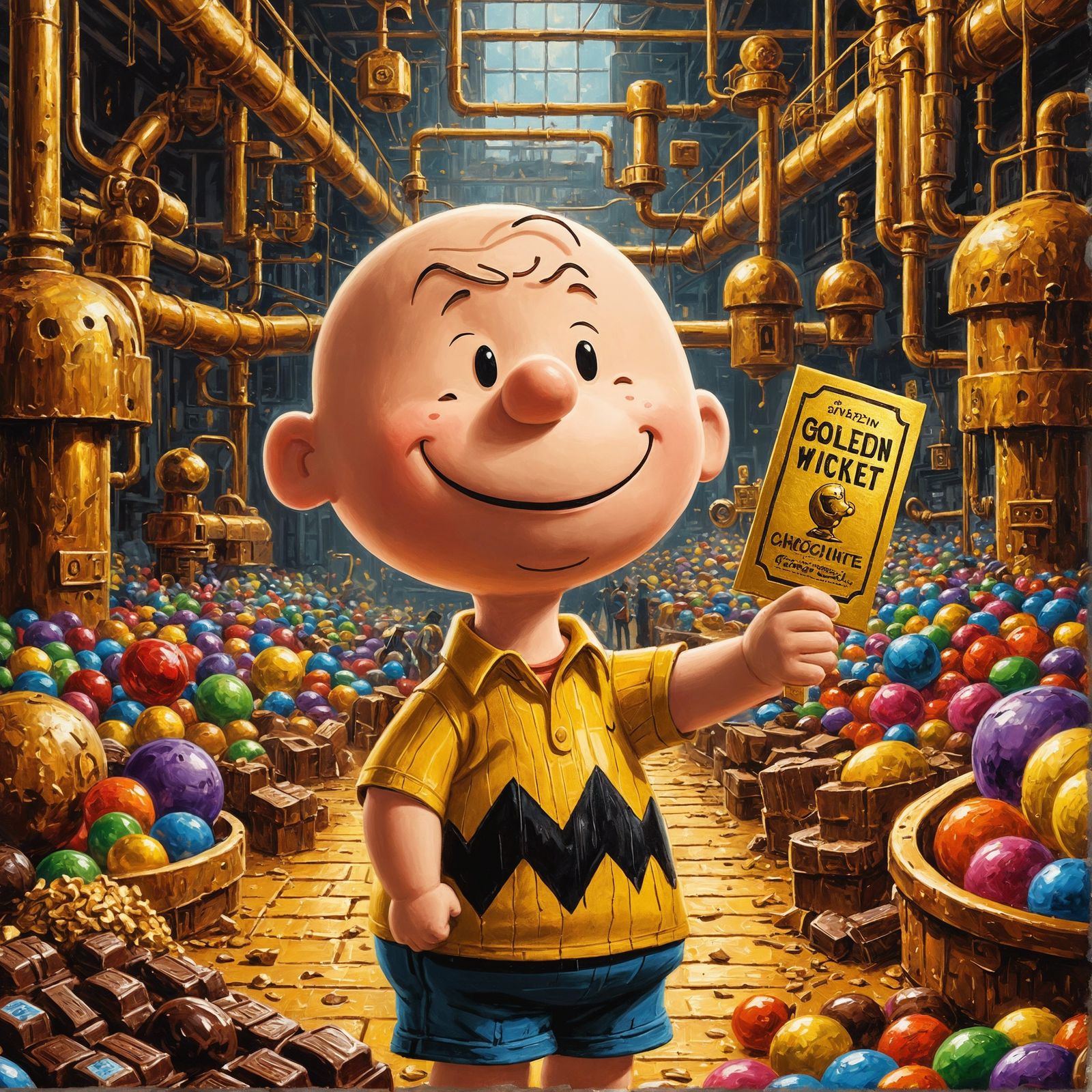 Happy Cartoon Character with Golden Ticket in Chocolate Fact...