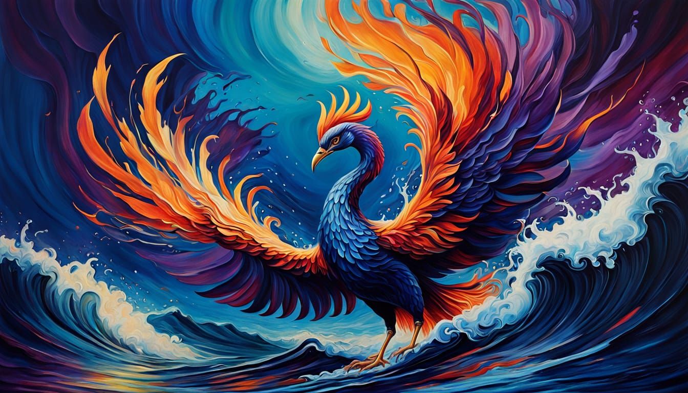 Oceanic Phoenix Rising: A Surrealist Oil Painting