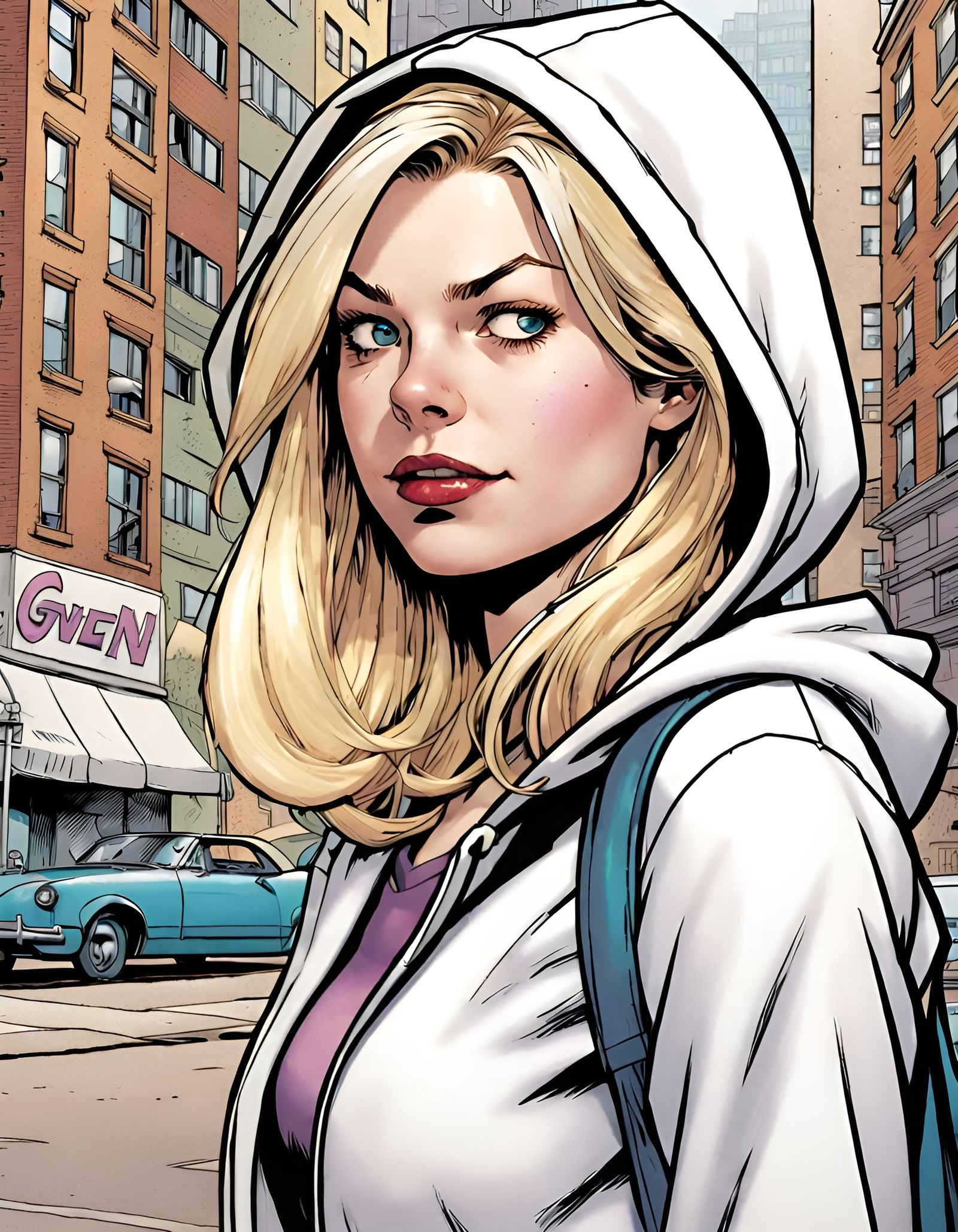 Gwen Stacy Comic Book Close-Up, Hand-Drawn Style