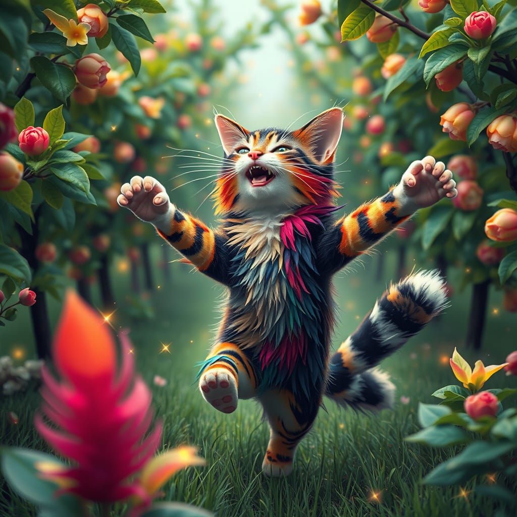 Whimsical Feline Dances in Vibrant Lush Orchard