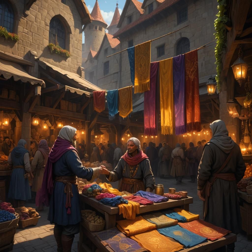 Luminous Magic Scarf in Medieval Market Stall