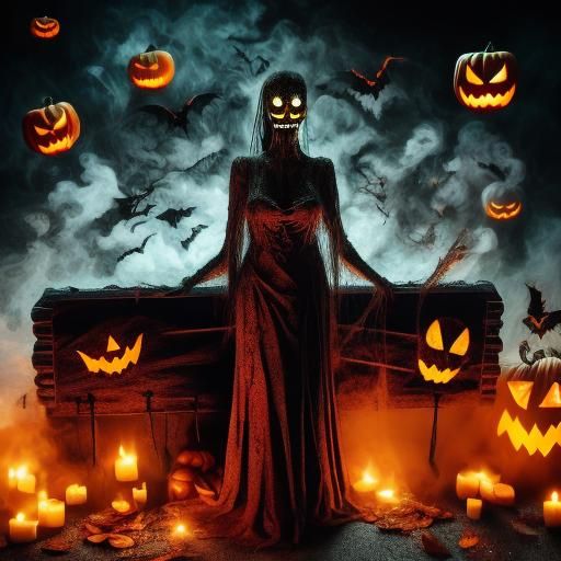 Haunting Halloween Woman by Coffin with Black Fire