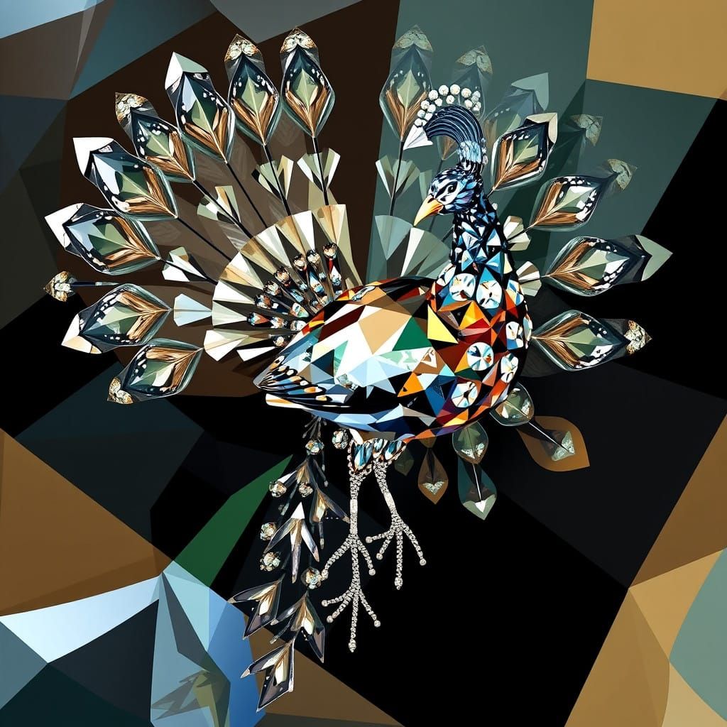 Geometric Cubism Peacock Made from Cubic Zirconium