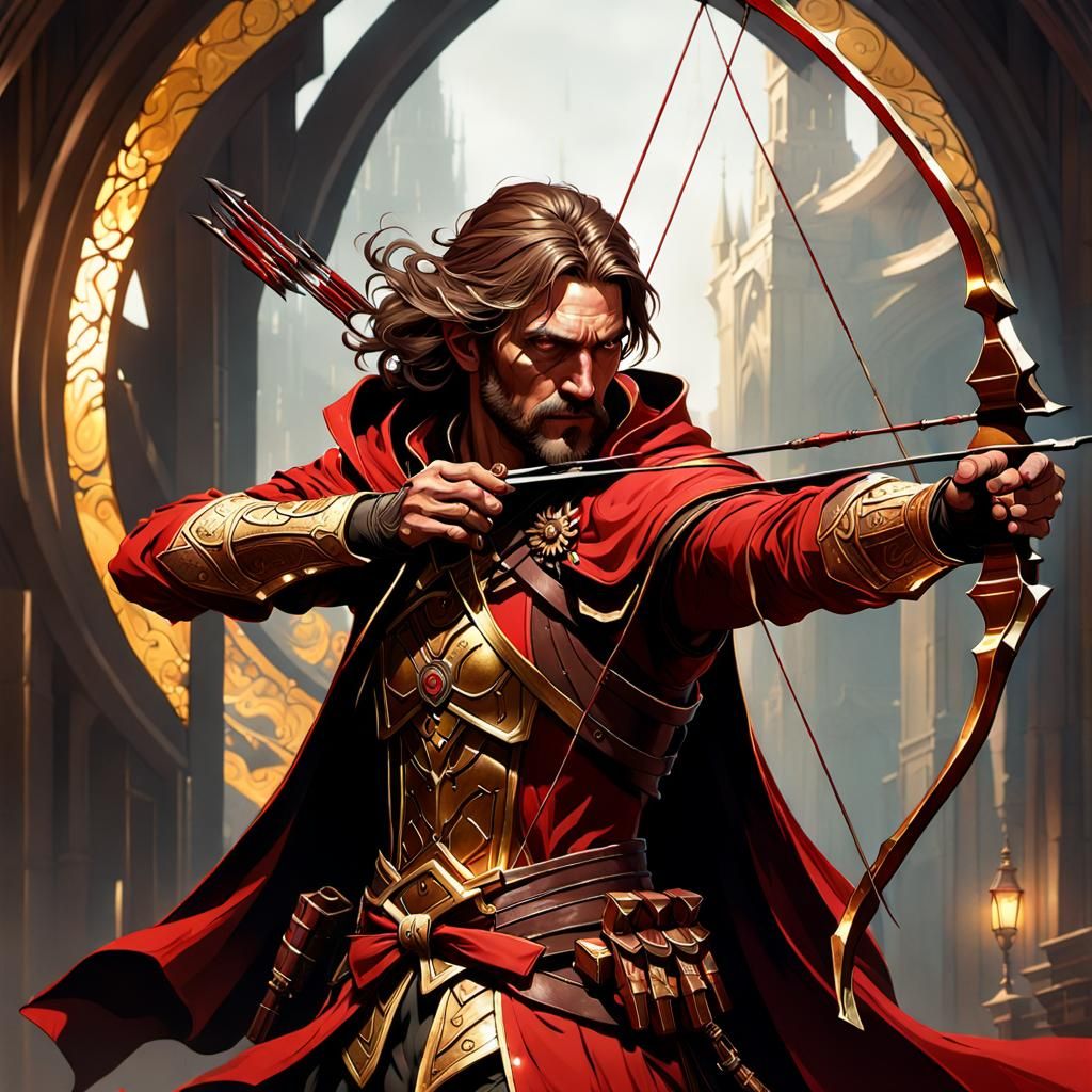 Dark Fantasy Bowman in Red and Gold