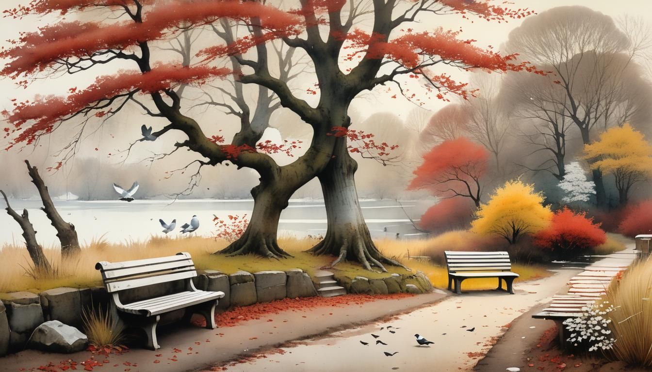 Autumn Landscape Painting in Mixed Media Collage Style