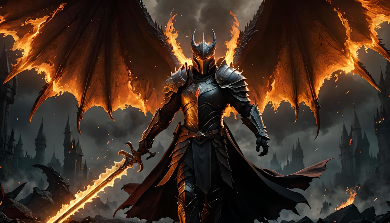 Victorious Winged Warrior with Flaming Swords in Fantasy Arm...