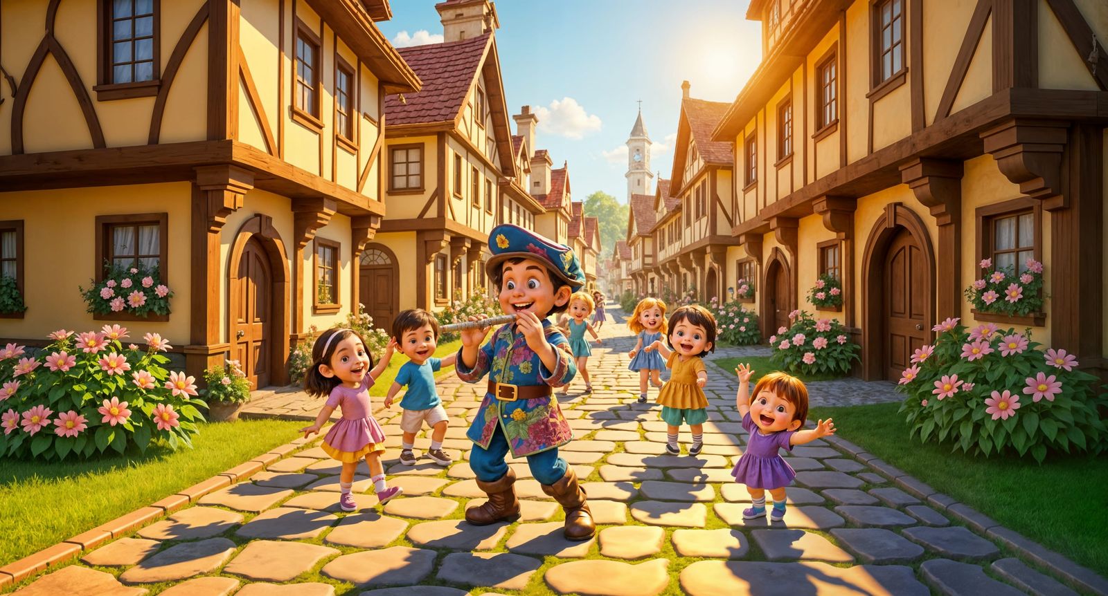 Fairy Tale Village Piper Leads Dancing Children