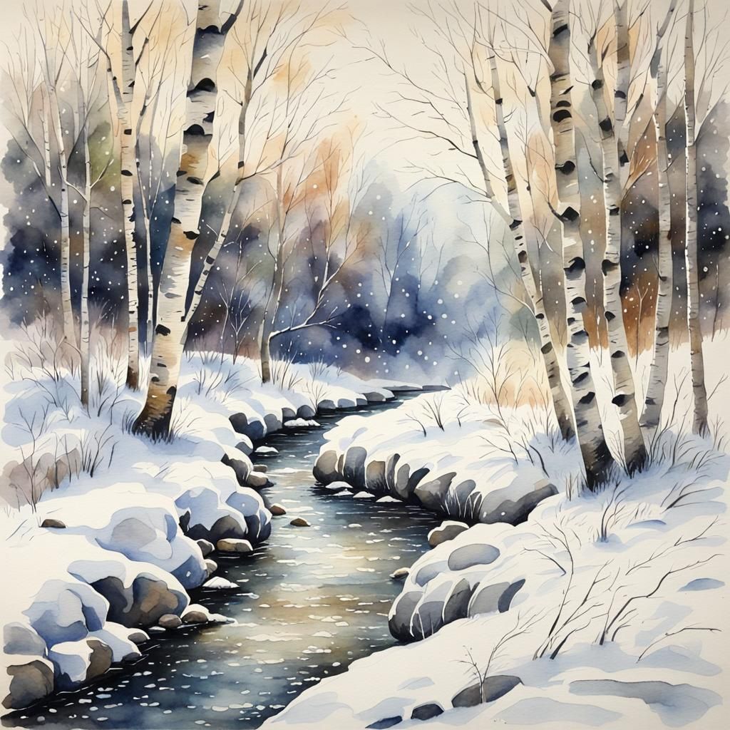 Winter Stream in Snowstorm: Detailed Watercolor