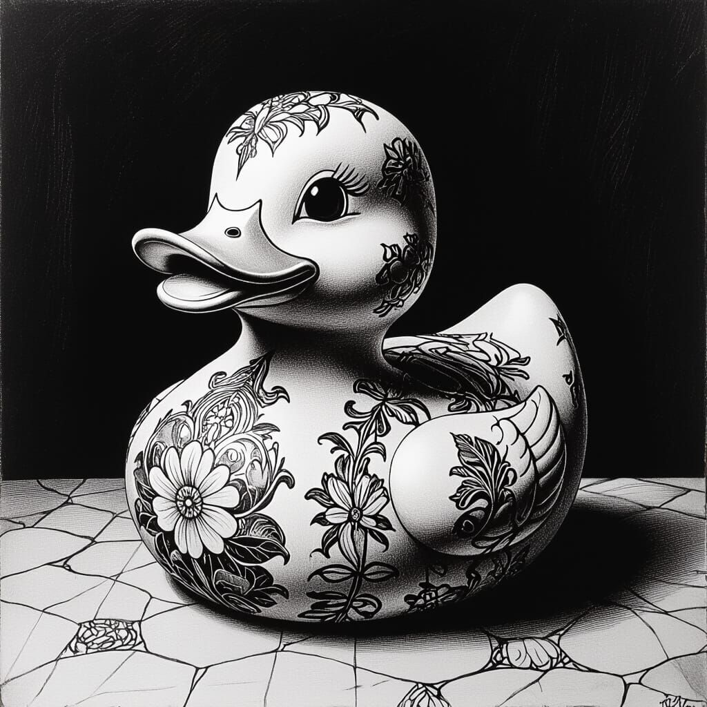 Tattooed Rubber Duck Sketch in Gothic Style