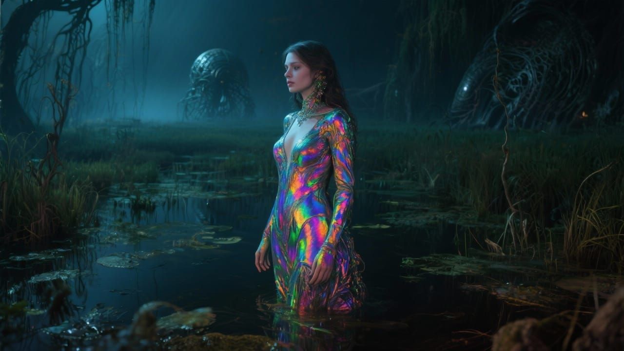 Ethereal Woman in Vibrant Colors, Dark Fantasy Marsh