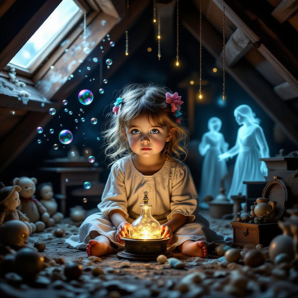 Child Alchemist in Dusty Attic with Magic