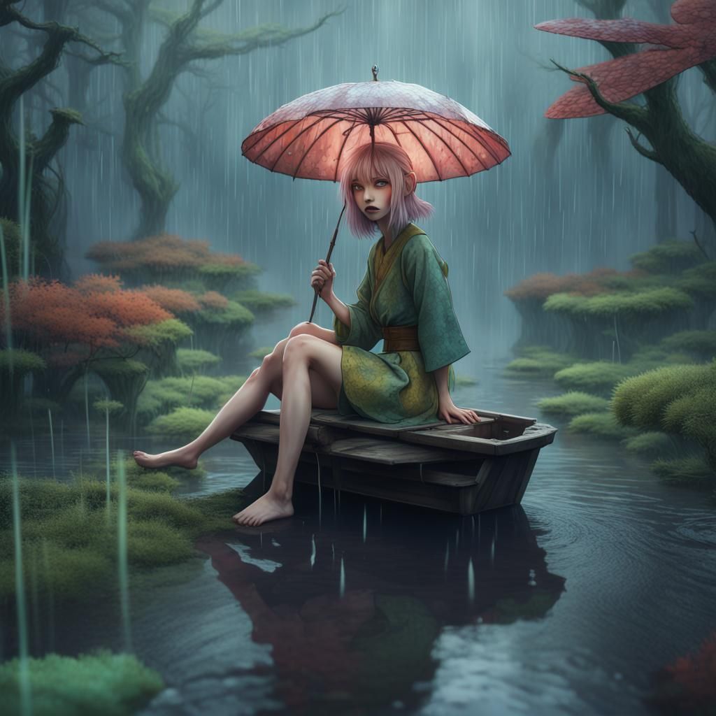 Ghibli-Inspired Fantasy Scene: Woman in a Rainy Swamp